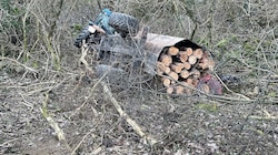 Am Heiligstein stürzte ein voll mit Holz beladenes Traktorgespann in die Tiefe. Der Lenker blieb aber unverletzt. (Bild: FF Langenlois)