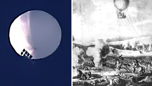 Der über den USA abgeschossene chinesische Spionageballon (links) und sein 230 Jahre alter Vorläufer (rechts), den die Franzosen gegen die Habsburger einsetzten (Bild: ASSOCIATED PRESS, 2001 National Air and Space Museum, Smithsonian Institution (SI Neg. No. 76-1196))