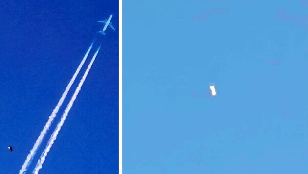 Oft scheint es, als würde ein UFO einem Flieger hinterherhetzen - wie hier einem Linienflugzeug. Rechts die Sichtung von Montagfrüh. (Bild: Kaliba/Trieb, zVg, Krone KREATIV)