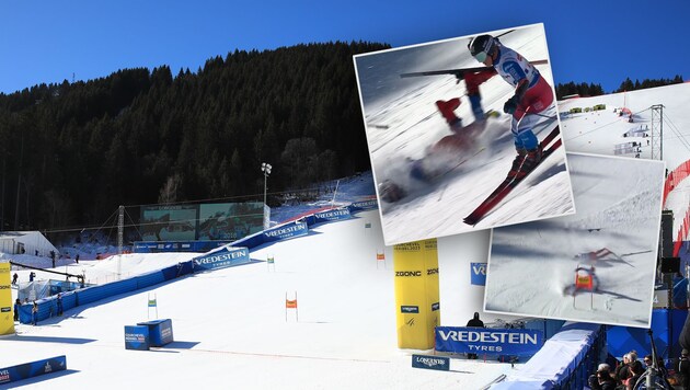 Schrecksekunde bei Teambewerb in Meribel. (Bild: GEPA pictures, ORF-Screenshot)