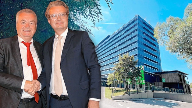 Anton Lang und Christopher Drexler streben Fusion der Energie Steiermark mit der Energie Graz an. (Bild: Krone KREATIV,Christian Jauschowetz)