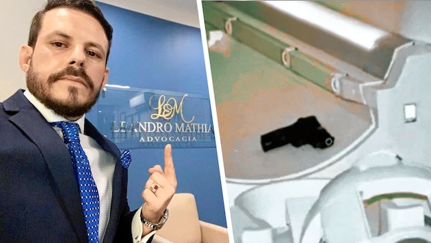 Leandro Mathias de Novães (li.) starb im Spital. Ein Foto nur kurz nach der Tragödie zeigt die Pistole im MRT-Gerät (re.). (Bild: Krone KREATIV,Leandro Mathias de Novaes TV Globo)