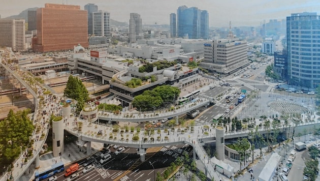 In Seoul/Korea wurde eine Straßenüberführung zu einem autofreien Stadtgarten mit begrünten Dächern. (Bild: Tina Perisutti)