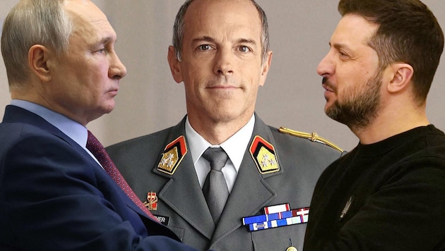 Siegt Putin (li.) oder Selenskyj (re.)? Oberst Berthold Sandtner analysiert. (Bild: APA/Picturedesk, Krone KREATIV)