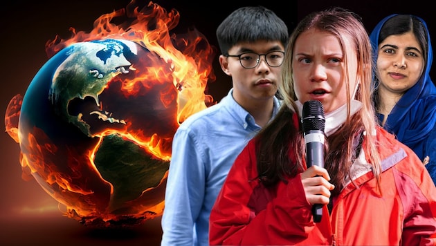 Sie versuchen auf der Welt unterschiedliche „Brandherde“ zu löschen: Greta Thunberg kämpft gegen die Klimakrise, Joshua Wong für die Demokratisierung Hongkongs, Malala Yousafzai für Mädchen- und Frauenrechte. (Bild: AP, APA, AFP, stock.adobe.com)