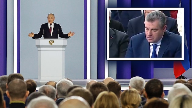 Putins Rede war ein Rundumschlag gegen den Westen. (Bild: Sputnik SOTA, Krone KREATIV)