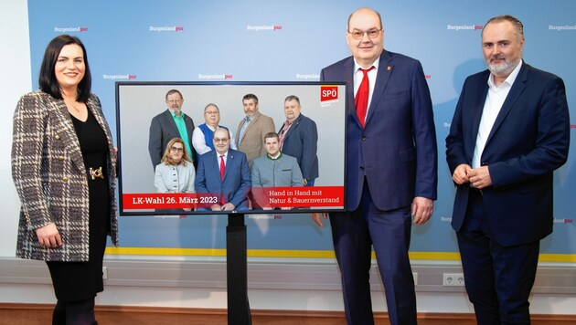 Landeschef Doskozil mit Stellvertreterin Eisenkopf und Spitzenkandidat Glauber. (Bild: SPÖ Burgenland)