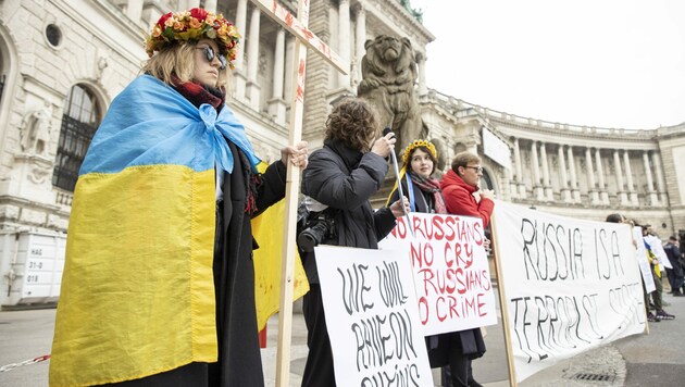 Die pro-ukrainischen Demonstranten vor der Hofburg (Bild: APA/TOBIAS STEINMAURER)