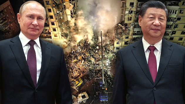 Der russische Präsident Wladimir Putin und sein chinesischer Amtskollege Xi Jinping. Im Hintergrund: die Stadt Dnipro im Südosten der Ukraine nach einem Raketenschlag auf ein Wohnhaus. (Bild: ASSOCIATED PRESS, Krone KREATIV)