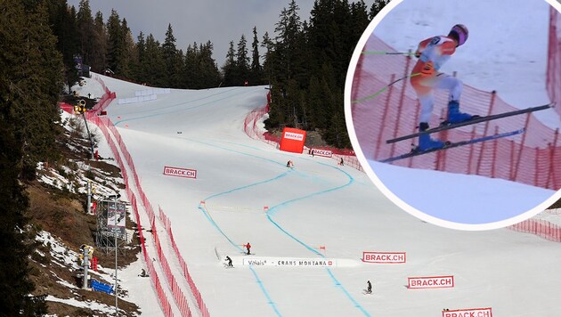 Keine Abfahrt in Crans-Montana - ein Vorläufer kam zu Sturz. (Bild: GEPA, Screenshot ORF)