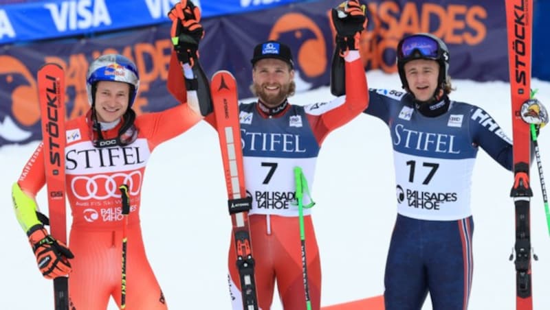 Marco Odermatt (SUI), Marco Schwarz (AUT) und Rasmus Windingstad (NOR) (Bild: GEPA pictures)