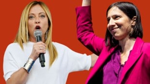 La jefa de gobierno de derecha, Giorgia Meloni, se enfrenta a la competencia de la líder del PD de izquierda, Elly Schlein (derecha).  (Imagen: APA/picturedesk.com, CORONA CREATIVA)