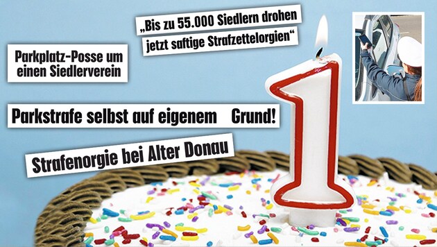 Happy Birthday, Parkpickerl! Die Stadt feierte traditionell mit Geburtstagskuchen. (Bild: Krone KREATIV,stock.adobe.com , Klemens Groh)
