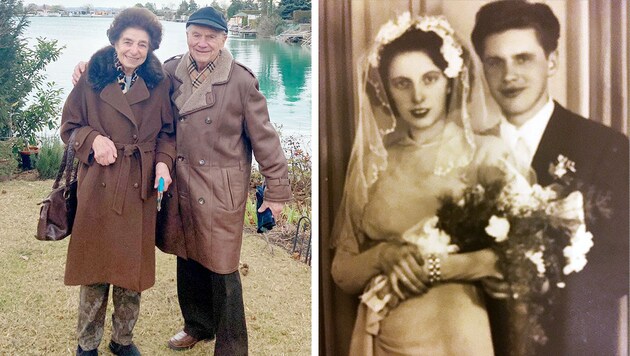 Das Foto vom Tag der Hochzeit (rechts) vom 3. März 1951. Damals waren die beiden noch fast Teenager. 72 Jahre später strahlen sie ebenfalls in die Kamera. Und sind noch immer ein glückliches Paar. (Bild: Krone KREATIV,privat)