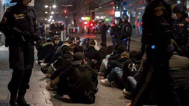 In der Krawallnacht von Linz flogen Steine, Glasflaschen und Böller. Rund 170 Polizisten waren die „Zielscheiben“ und es gab auch zwei verletzte Beamte. (Bild: FOTOKERSCHI.AT)