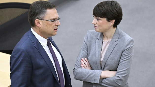 ÖVP-Klubchef August Wöginger und die Grüne-Klubchefin Sigrid Maurer sind bei den Zinsen unterschiedlicher Meinung. (Bild: APA/ROBERT JAEGER)