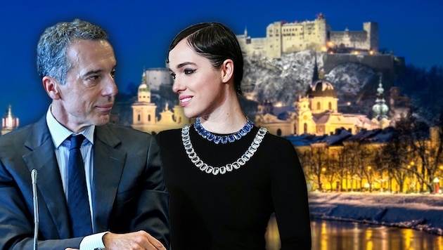 Ex-Kanzler Christian Kern und Schauspielerin Verena Altenberger dinierten gemeinsam in einem Restaurant in Salzburg. Die „Krone“ hat das Bild dazu (siehe unten). (Bild: APA/ROLAND SCHLAGER, APA/EVA MANHART, stock.adobe.com, Krone KREATIV)