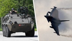 Pandur-Radpanzer und Eurofighter-Abfangjäger (Bild: Patrick Huber, Krone KREATIV)