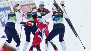 Norwegens Quartett jubelt über Gold. (Bild: AP Photo/Matthias Schrader)