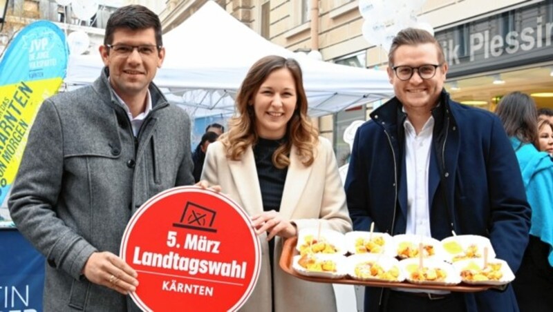 VP-Spitzenkandidat Martin Gruber, Jugendstaatssekretärin Claudia Plakolm und JVP Kärnten-Obmann Julian Geier (Bild: f. pessentheiner)