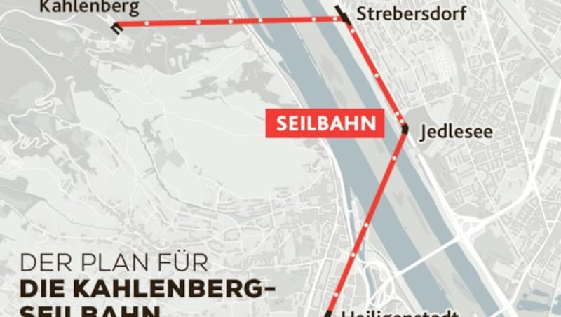 5,6 Kilometer lang soll die Kahlenberg-Seilbahn werden und dabei gleich zweimal die Donau queren. (Bild: Krone KREATIV)