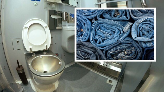 Ärger in den Zugtoiletten: Sogar Jeans findet die ÖBB mitunter in den Klo-Anlagen, die dann die WCs in den Waggons verstopfen und unbenützbar machen. (Bild: stock.adobe.com(2), Krone KREATIV)