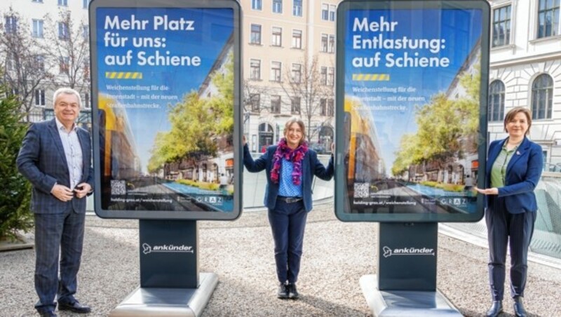 Einig über die Notwendigkeit des Groß-Projekts: Verkehrslandesrat Anton Lang, Bürgermeisterin Elke Kahr und Vizestadtchefin Judith Schwentner. (Bild: Foto Fischer, Graz)