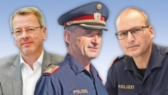 Diese Offiziere sind im Rennen um die Nachfolge von Alois Lißl (Mitte): Günter Humer (r.) und der langjährige Leiter des Landeskriminalamts Gottfried Mitterlehner (l.). (Bild: Koller Dostal Krone KREATIV,)