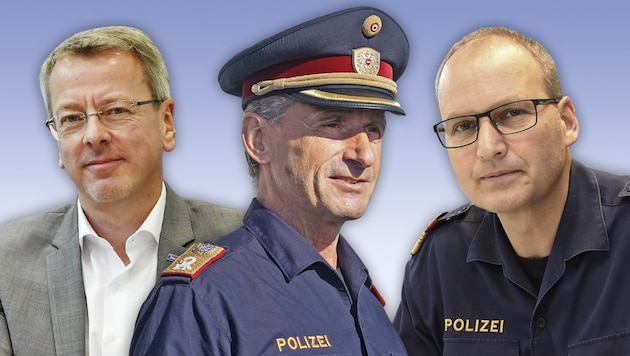 Diese Offiziere sind im Rennen um die Nachfolge von Alois Lißl (Mitte): Günter Humer (r.) und der langjährige Leiter des Landeskriminalamts Gottfried Mitterlehner (l.). (Bild: Koller Dostal Krone KREATIV,)