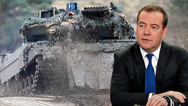 Russlands Ex-Präsident Dmitri Medwedew droht mit einem Angriff auf ein noch nicht gebautes Panzer-Werk in der Ukraine. (Bild: APA/AFP/SPUTNIK/Dmitry Astakhov, AP, Krone KREATIV)