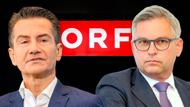 Wie hoch ist die Schmerzgrenze? ORF-General Roland Weißmann verhandelt mit Finanzminister Magnus Brunner. (Bild: APA/Picturedesk Krone KREATIV,)