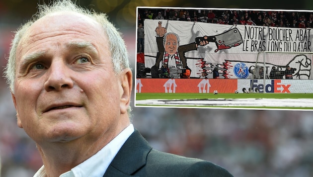 Fans des FC Bayern München machen ihre Abneigung gegen Sponsor Qatar Airways mit einem Transparent deutlich. Ehrenpräsident Uli Hoeneß soll es richten! Die Botschaft auf Deutsch übersetzt: „Unser Metzger schlachtet den langen Arm von Katar“ (Bild: APA/AFP/CHRISTOF STACHE/krone.at-kreativ)