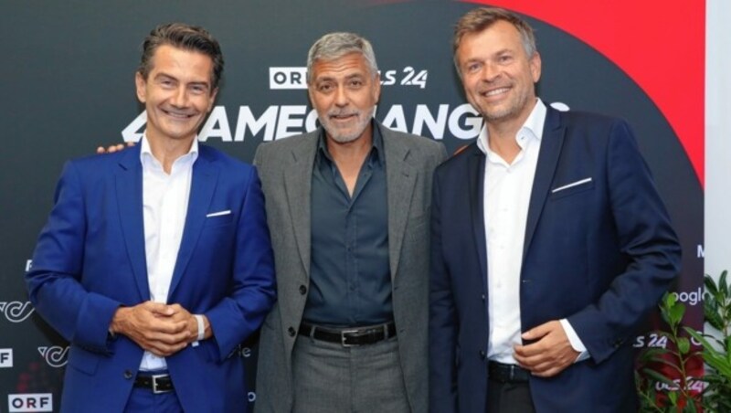 Vorbote im vergangenen Jahr: George Clooney mit ORF-General Roland Weißmann (li.) und ProSiebenSat.1-PULS4-Chef Markus Breitenecker. (Bild: Monika Fellner)