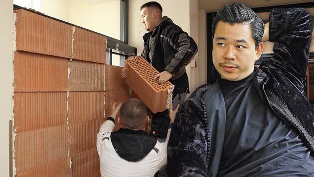 Martin Ho will seine Pizzeria wieder. Am Freitag ließ er Bautrupps aufmarschieren. (Bild: Zwefo Martin Ho Mauer Krone KREATIV,)