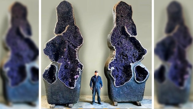 Die beiden Amethyst-Hälften wiegen insgesamt knapp 20 Tonnen. 5,1 Meter sind sie hoch. (Bild: Kranzelbinder, Krone KREATIV)