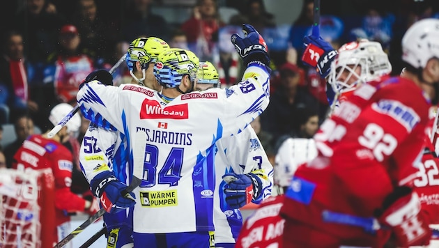 Die VSV-Cracks um Andrew Desjardins jubeln übers 1:1 in der Viertelfinal-Serie. (Bild: GEPA pictures)