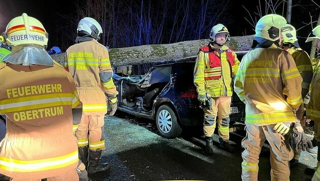 Feuerwehrleute befreiten die verletzte Frau aus dem Wrack (Bild: FF Obertrum )