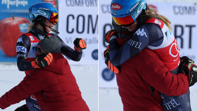 Da kommt Freude auf. Siegerin Mikaela Shiffrin herzt ihren Bruder Taylor. (Bild: AP)