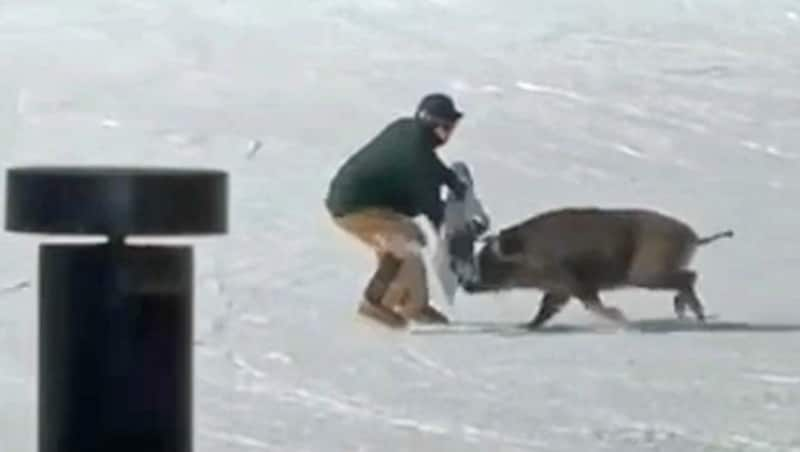 Dieser Wintersportler verwendet sein Snowboard, um den Angriff abzuwehren. (Bild: Screenshot kameraone)