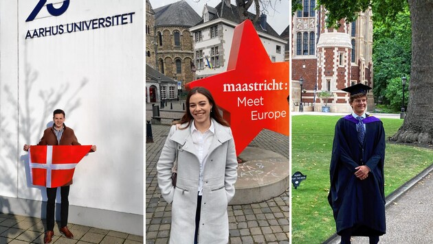 Andreas Knoll unter dänischer Flagge in Aarhus. Mira Deutsch gefällt es in der Universitätsstadt Maastricht. Gregor Ilsinger, hier bei der Sponsion am Campus in London, wird nun daheim Unternehmensberater. (Bild: Andreas Knoll/ Mira Deutsch/ Gregor Ilsinger)