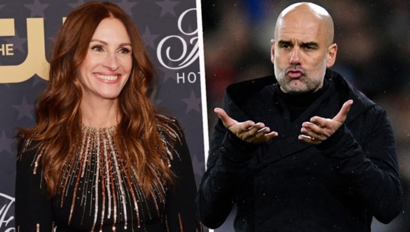 Julia Roberts (li.) und Pep Guardiola (Bild: APA/Getty Images via AFP/GETTY IMAGES/KEVIN WINTER, APA/AFP/Oli SCARFF)