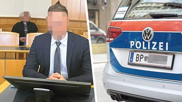 Vor Gericht entschuldigte sich der Wiener Polizist (o.) beim Opfer für die Falschanzeige: „Das war nicht meine Absicht.“ (Bild: Sophie Pratschner, Krone KREATIV)