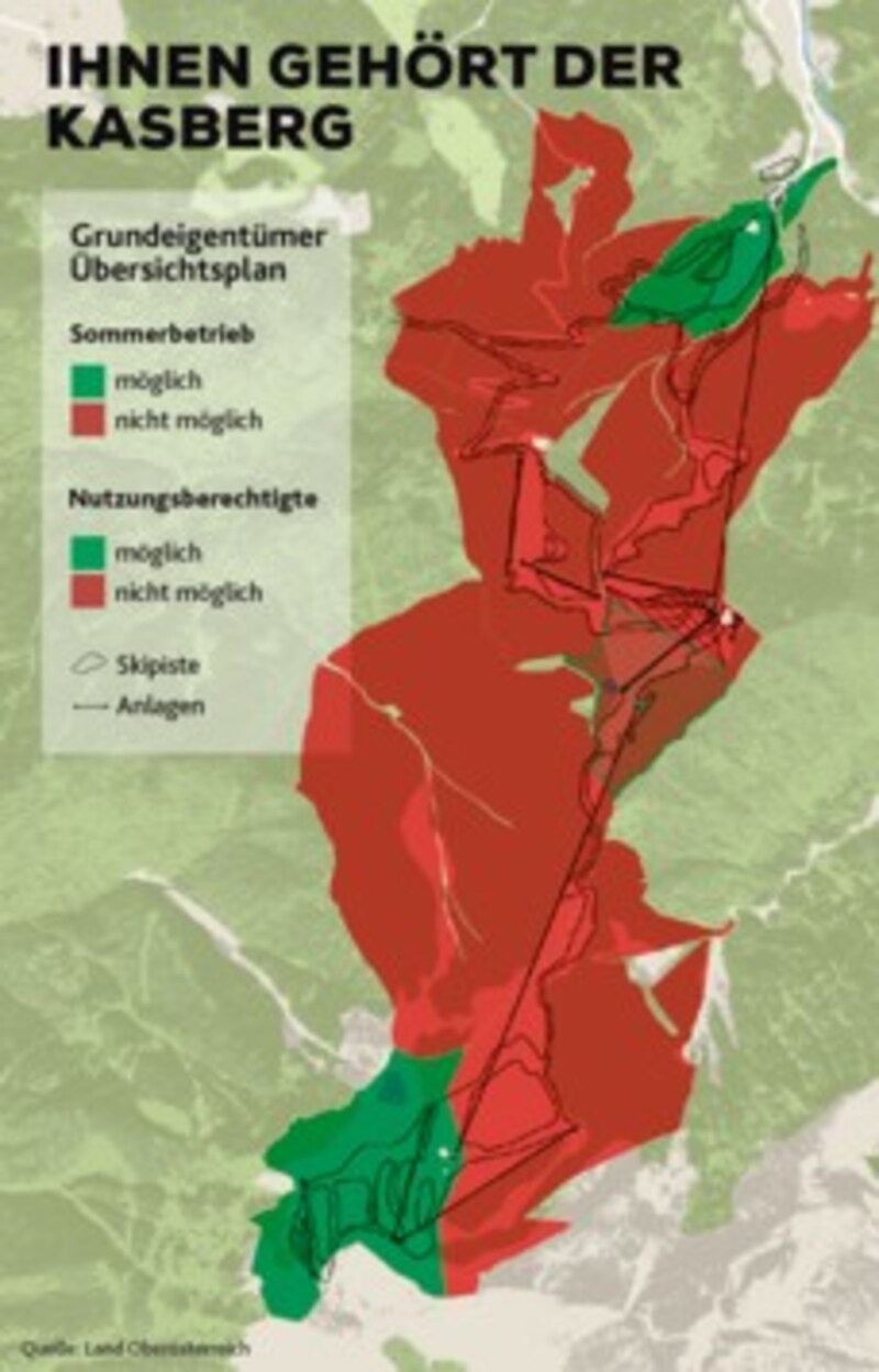 Fünf der zehn Besitzer haben einen Großteil der Flächen (rot) am Kasberg in ihrem Besitz, oder sind Nutzungsberechtigte. (Bild: Land Oberösterreich, Krone KREATIV)