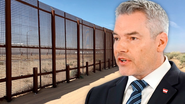 Bundeskanzler Karl Nehammer (ÖVP) sieht einen US-Grenzzaun nach Mexiko als Vorbild für die EU. (Bild: AFP APA Krone KREATIV,)