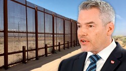 Bundeskanzler Karl Nehammer (ÖVP) sieht einen US-Grenzzaun nach Mexiko als Vorbild für die EU. (Bild: AFP APA Krone KREATIV,)