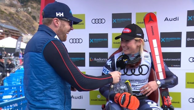 Lebensgefährte Aleksander Aamodt Kilde interviewt „seine“ Mikaela Shiffrin. (Bild: Screenshot: ORF)