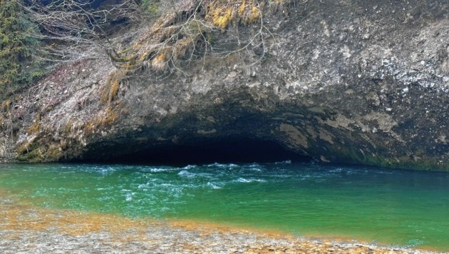 La fuerte corriente del Salza atrajo a la mujer y su perro a esta cueva, donde permaneció en el agua helada.  (Imagen: fredl)