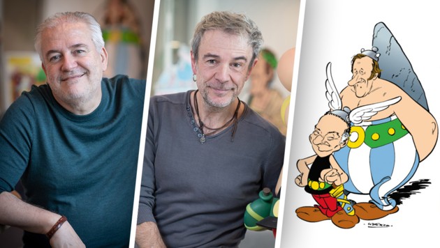 von links: Asterix-Zeichner Didier Conrad, Szenarist Fabcaro und die Väter der unbeugsamen Gallier, Uderzo und Goscinny. (Bild: ASTERIX®- OBELIX®- IDEFIX® / © 2023 LES EDITIONS ALBERT RENE, Krone KREATIV)