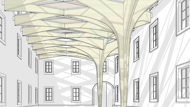 „Himmel“: Die Rippenkonstruktion erinnert an barocke Gewölbe, die großflächige Verglasung macht den Blick frei in den Himmel (Visualisierung: AllesWirdGut Architektur ZT GMBH). (Bild: Michael Koppensteiner)