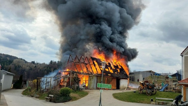 Das Wirtschaftsgebäude stand lichterloh in Flammen. (Bild: BFV Weiz)